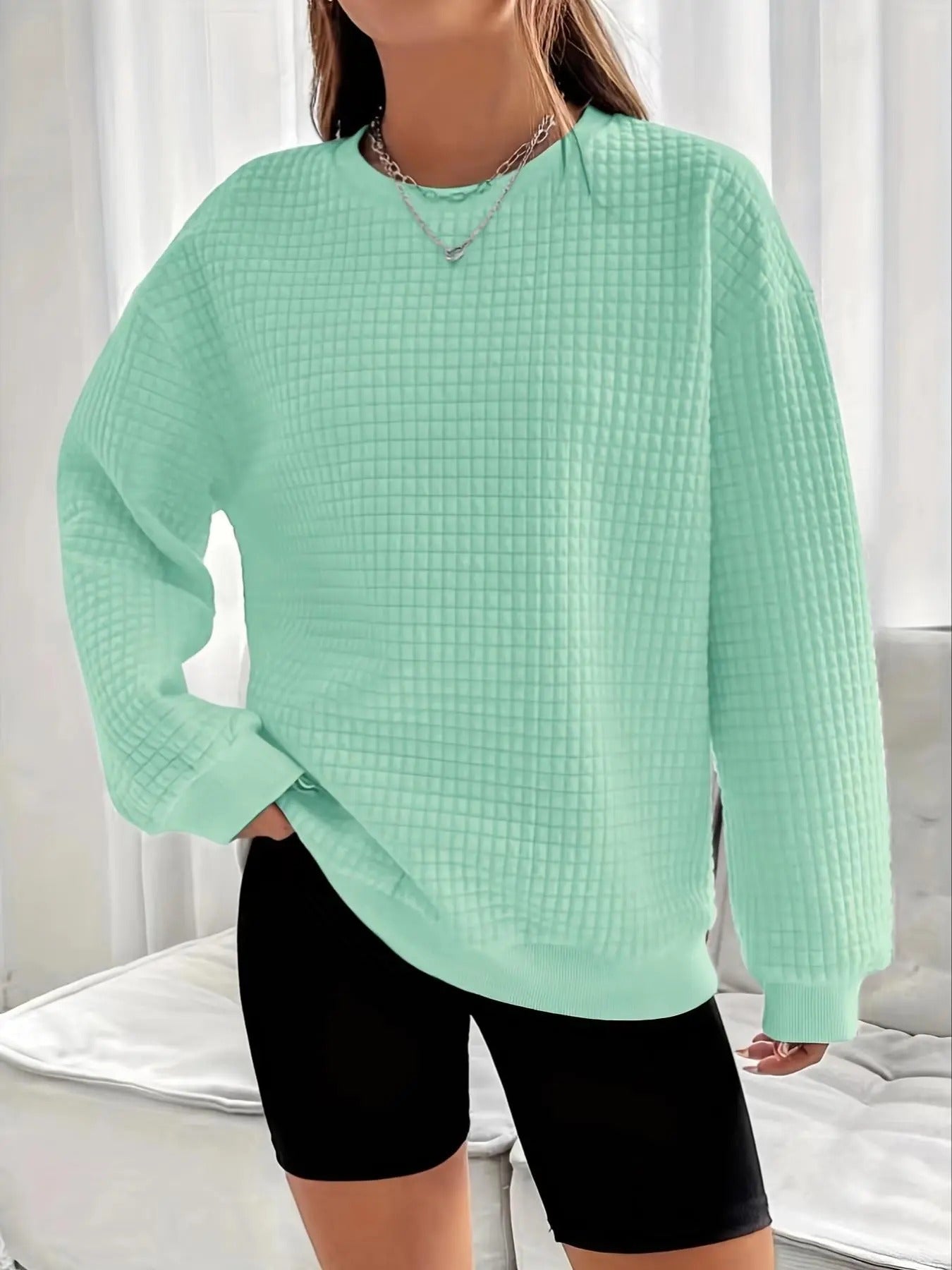 Women's Plain Drop Shoulder Waffle Knit Sweatshirt, Casual Long Sleeve Round Neck Pullover for Spring & Fall, Ladies Clothes for Daily Wear