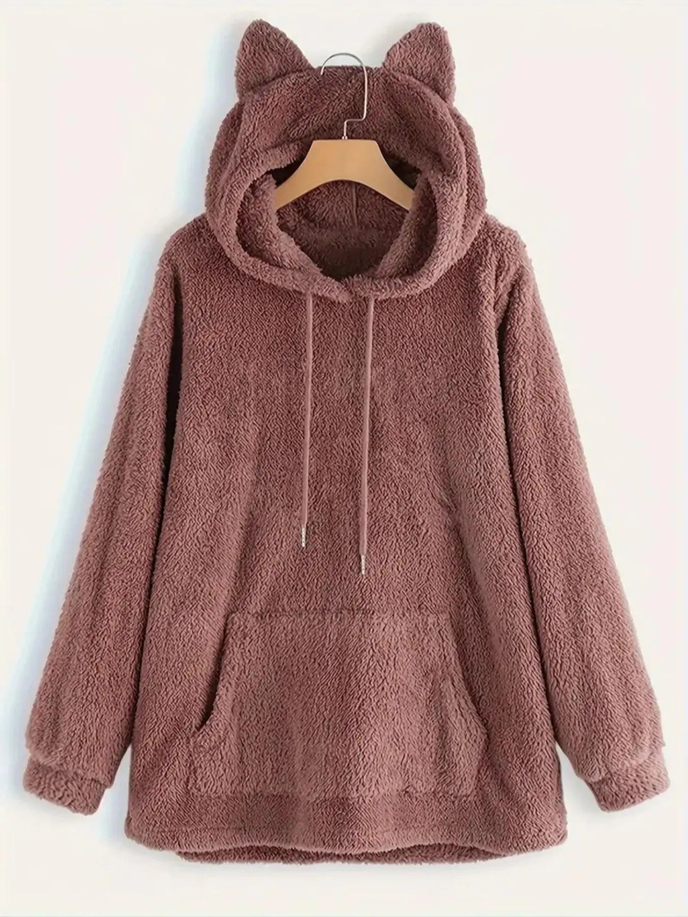 Women's Solid Drawstring Fuzzy Hoodie, Casual Long Sleeve Pocket Hooded Sweatshirt for Fall & Winter, Women's Clothes for Daily Wear