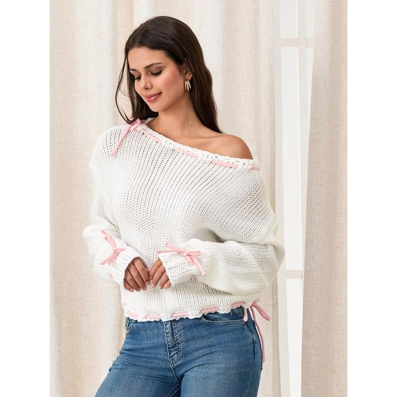 Women's Spring Autumn Knit Sweater Long Sleeve Drawstring Loose Pullover Knitwear Womenswear Check