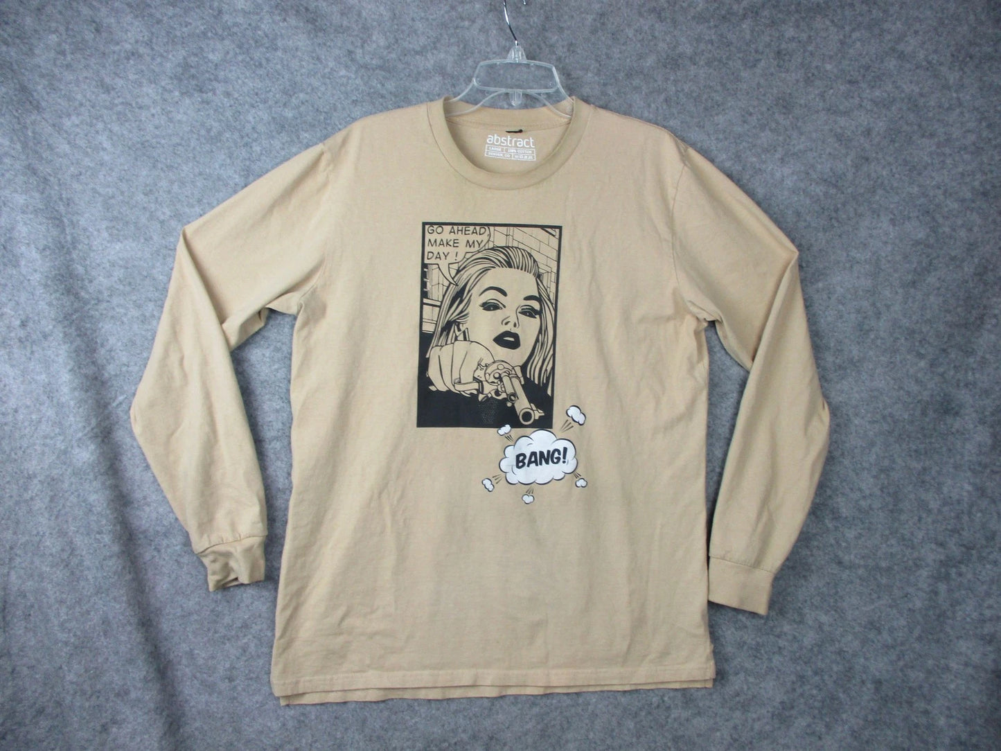Abstract Shirt Mens Large Beige Long Sleeve Graphic Comic Pop Art Bang Tee