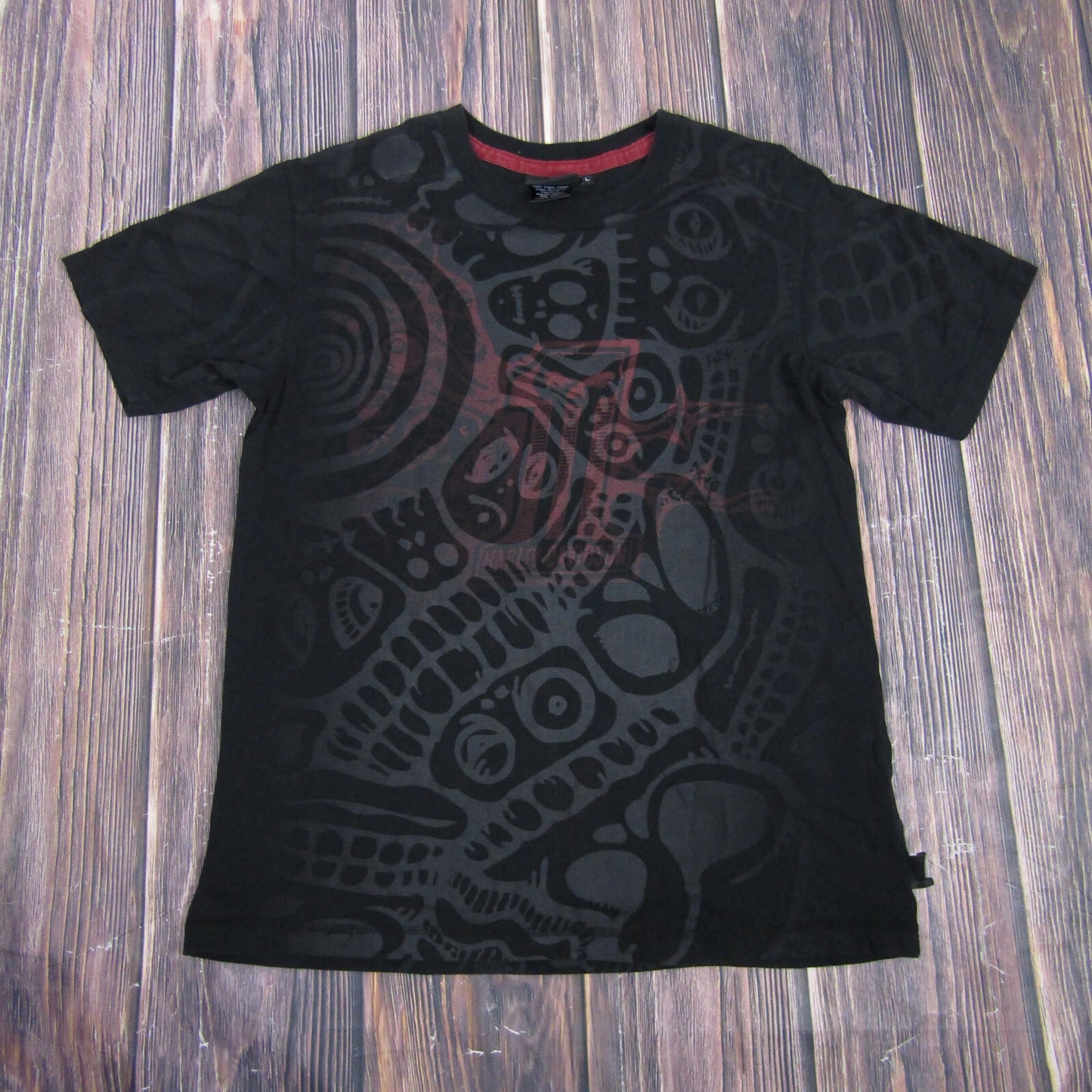 Harley Davidson Mens Large T Shirt Black All Over AOP Skull Biker Y2K Tribal