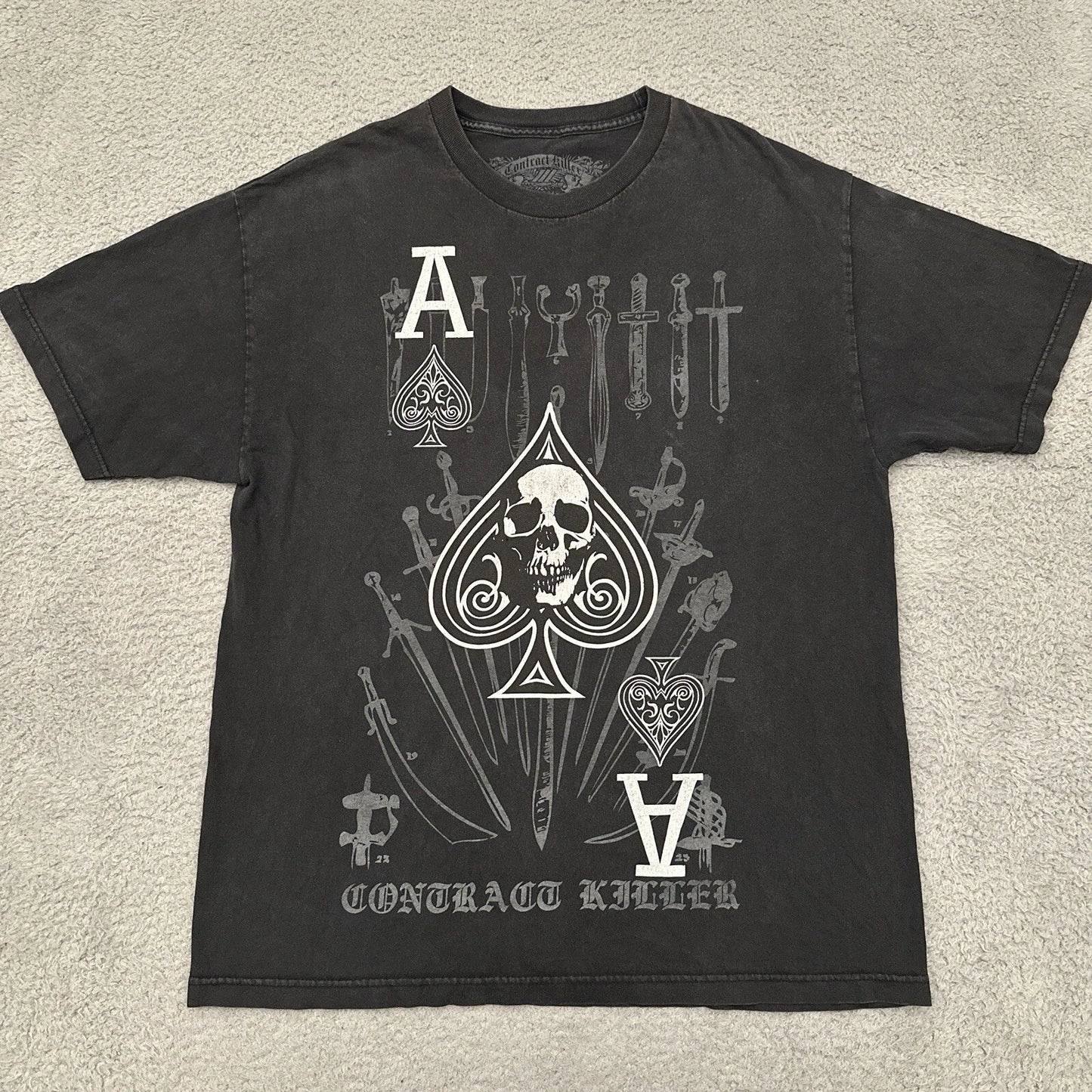 Y2K Contract Killer T-Shirt Men's XL Black Grunge Skulls Ace of Spades Skater