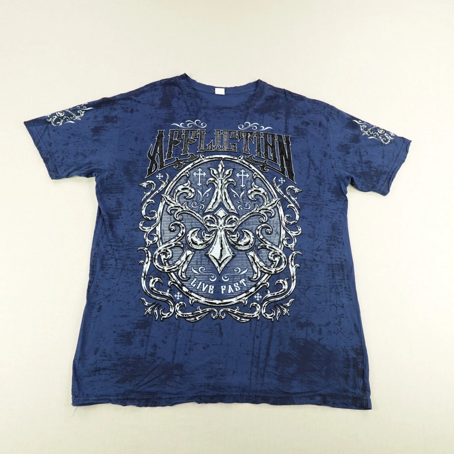Affliction Shirt Mens 2XL XXL Blue Tie Dye Cross Live Past MMA Martial Arts Y2K