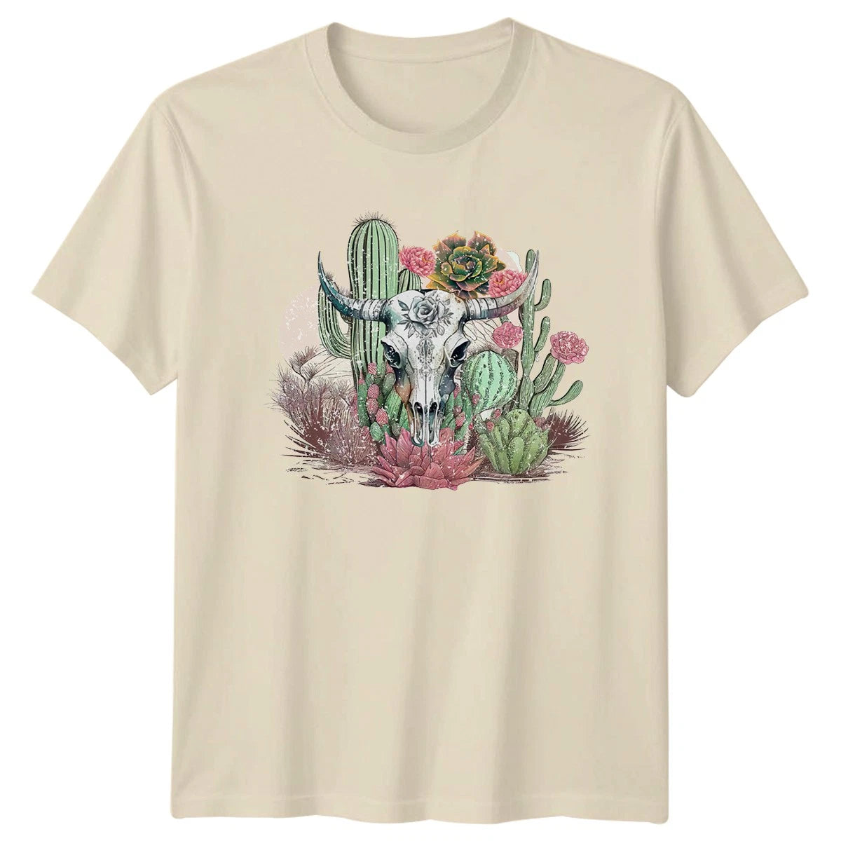 Boho Floral Cow Skull Desert Womens T-Shirt Cactus Western Cowgirl Birthday