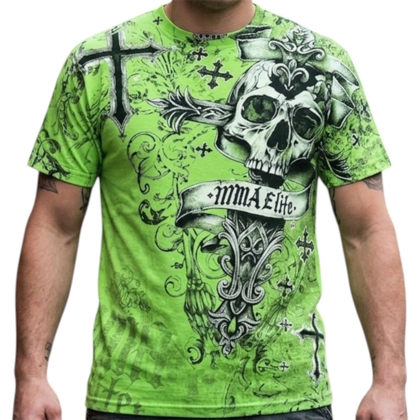 Rare MMA ELITE Neon Green Skulls Cross Short Sleeve Y2K Mens T-shirt SMALL NWT