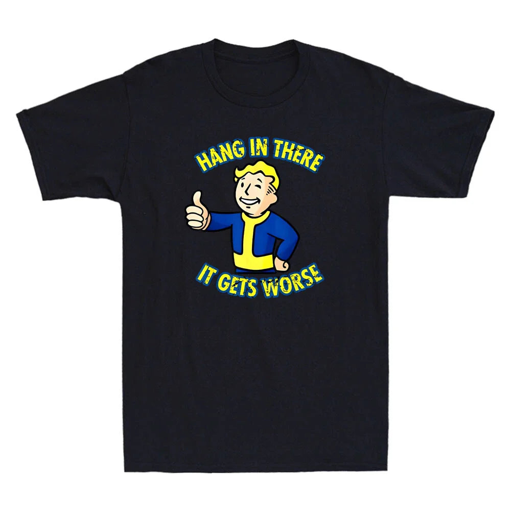 Hang In There It Gets Worse Funny Cartoon Meme Sarcastic Quote Retro Men T-Shirt