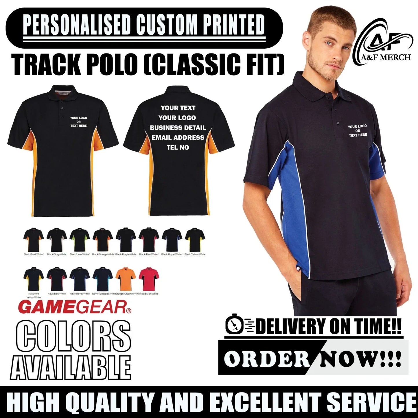 Personalised Custom Game Gear Track Polo Classic Fit Taped Neck Casual KK475