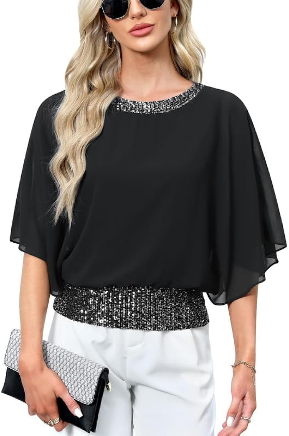 Women's Dressy Sequin Formal Wedding Top Batwing Sleeve Chiffon Party Shirt