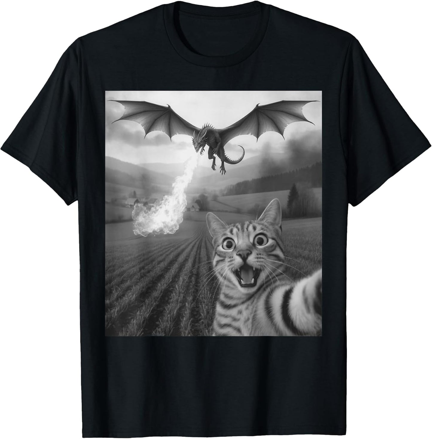 Funny Cat Selfie with Dragon Kawaii Fantasy Creature Art T-Shirt