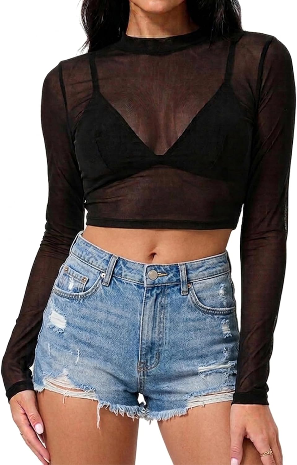 Women Mesh Crop Top Long Sleeve Cropped Workout Top Black Sheer Tops Slim Fit Outfits