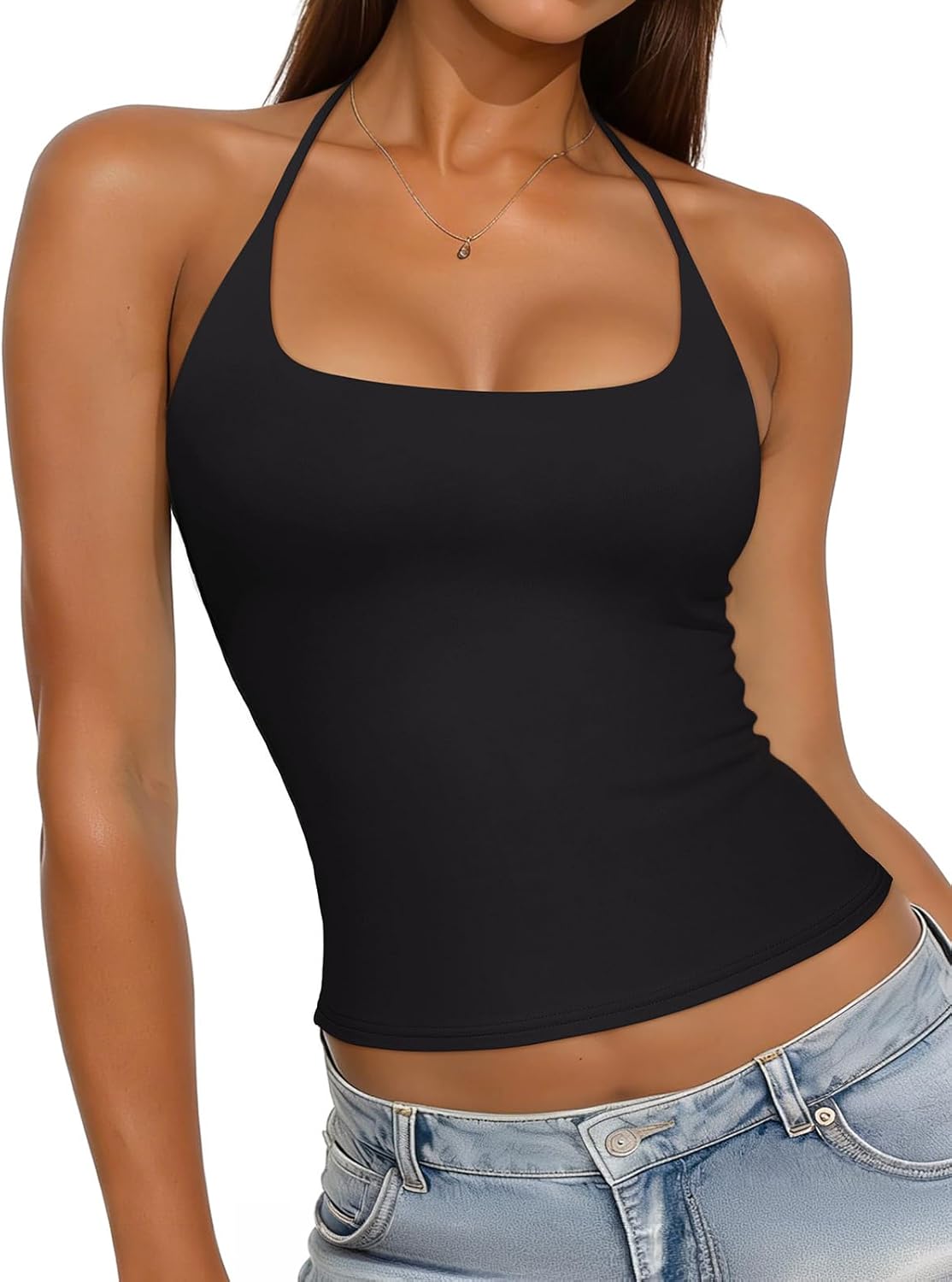 Womens Sexy Halter Backless Tank Tops Basic Double Lined Camisole Crop Tops Y2K Trendy Sleeveless Shirts Going Out Top