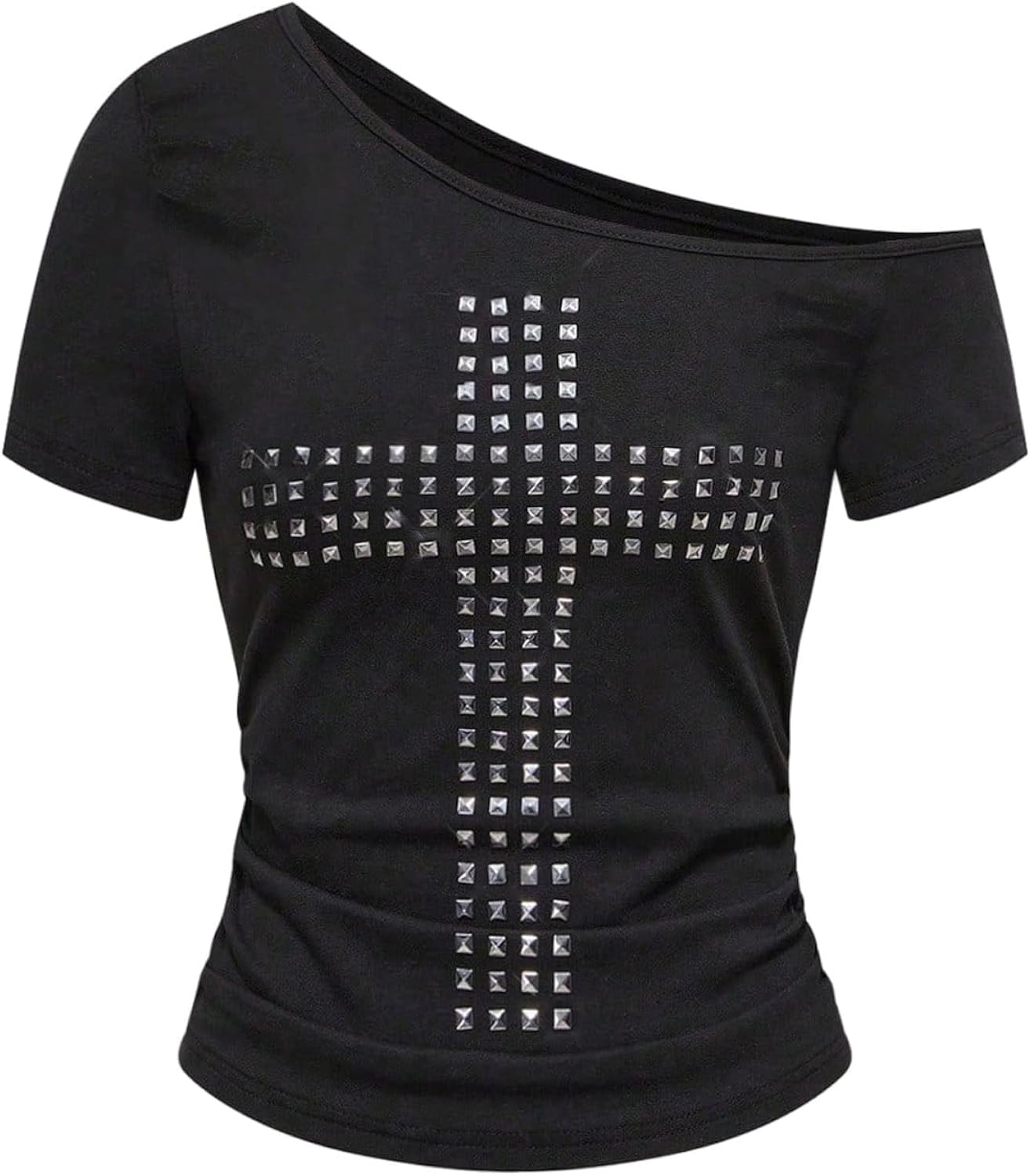 Women's Plus Size Y2k Off The Shoulder Top Cross Rivet Punk Short Sleeve T Shirt Going Out Tops Streetwear