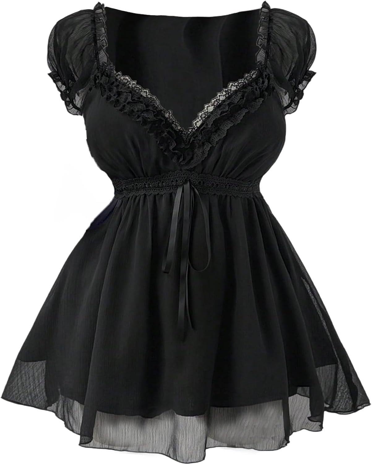 Women's Plus Size Y2K Gothic Sheer Lace Blouse Puff Short Sleeve Shirred Ruffle Peplum Tops