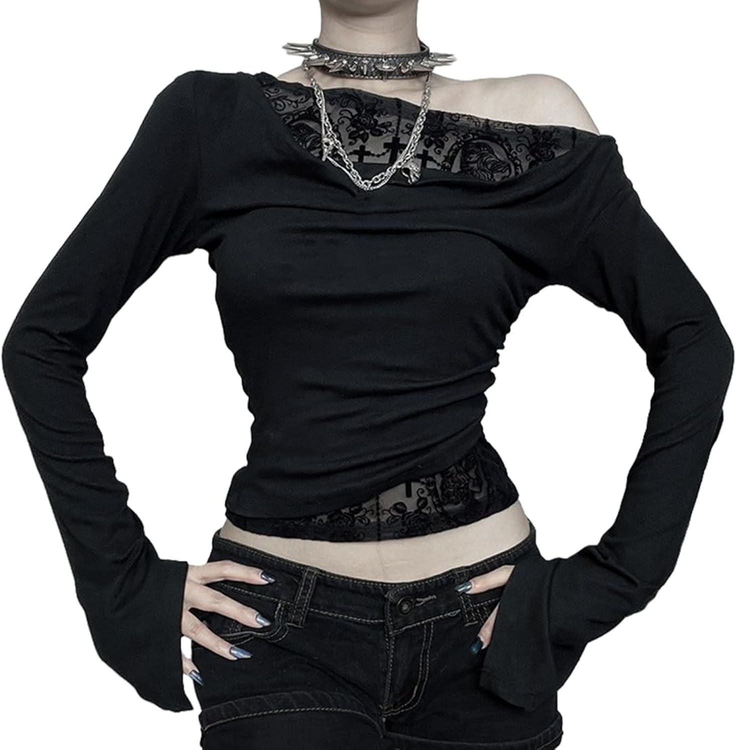 Women's Off Shoulder Goth Crop Top Mesh Patchwork Long Sleeve Blouses Black Gothic T Shirts Slim Boat Neck Y2k Outfits