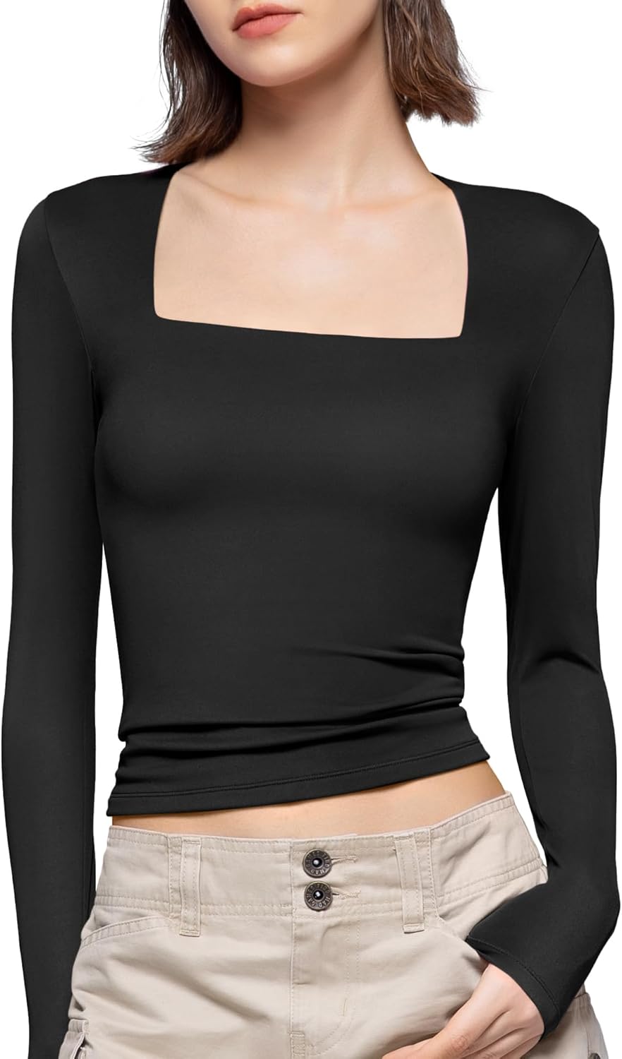 Women's Square Neck Long Sleeve T Shirts Slim Fit Tops Basic Tee Smoke Cloud Pro Collection