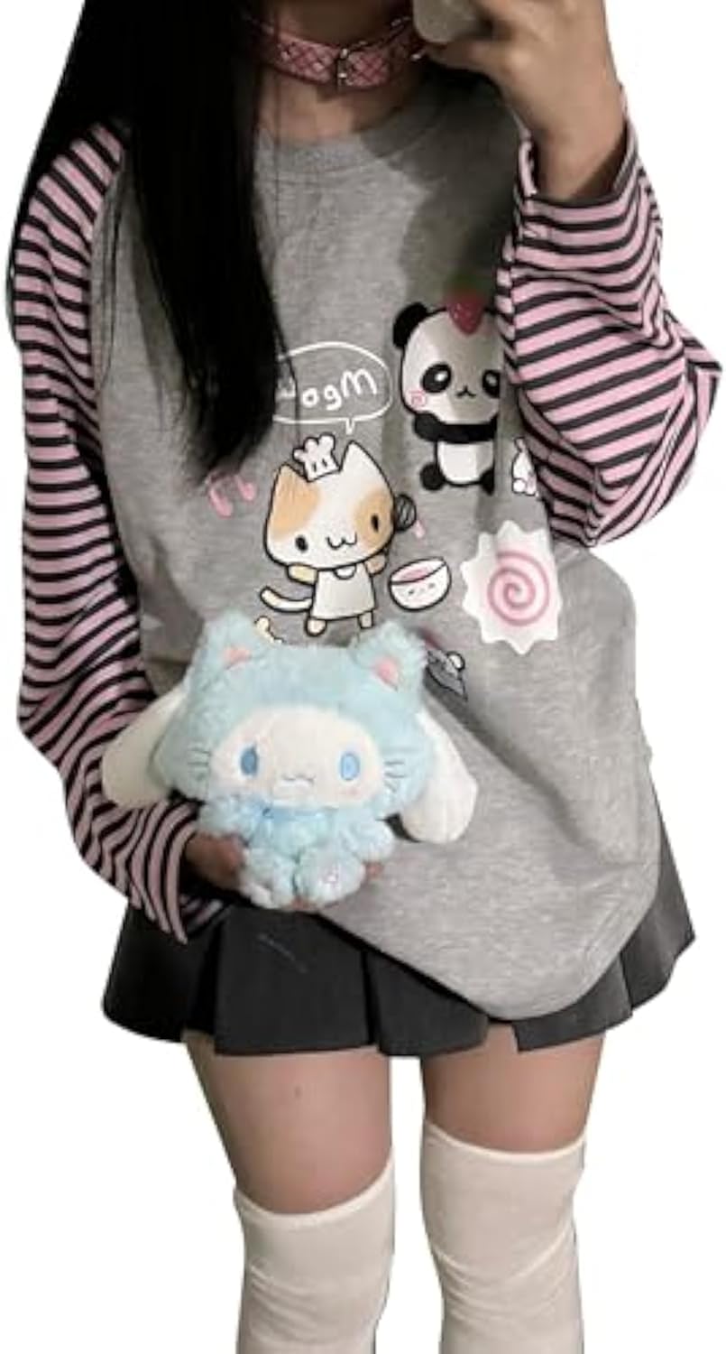 Y2k Cute Sweatshirts for Women Harajuku Kawaii Striped Sweatshirts Cartoon T-shirts