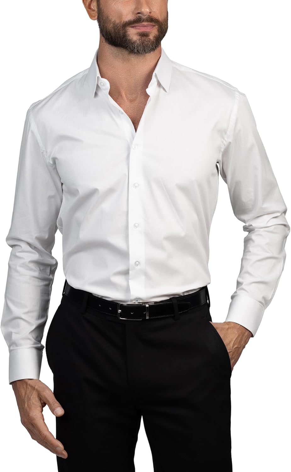 Slim Fit Cotton Stretch Long Sleeve Dress Shirt for Men Spread Collar Shirts Mens Formal Premium Fabric