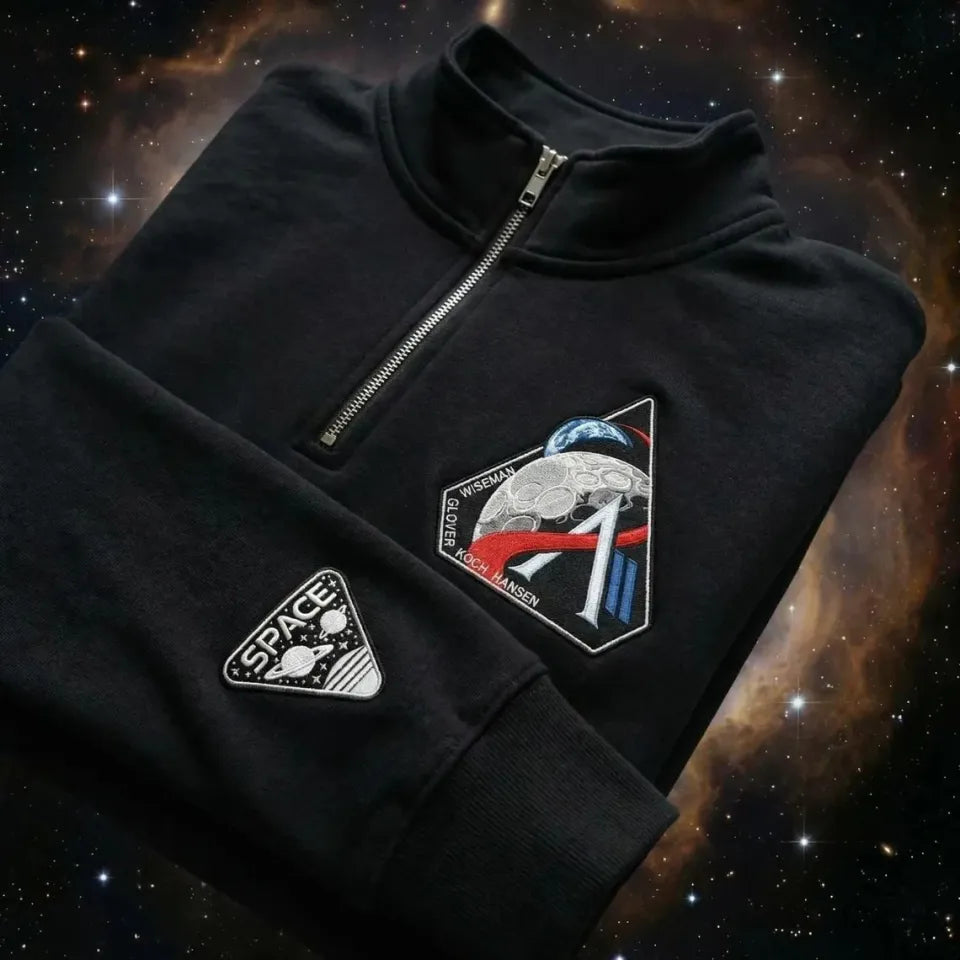 Artemis II Mission Embroidered Quarter Zip Sweater, Space Enthusiast Astronaut