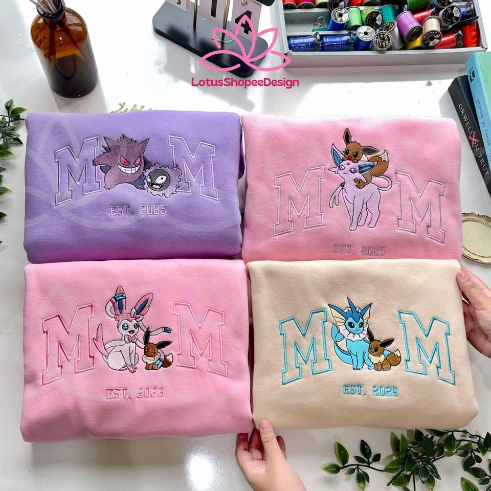 Custom PokaMom Embroidered Sweatshirt with Anime Characters, Mother's Day Gift, Birthday Gift for Mom