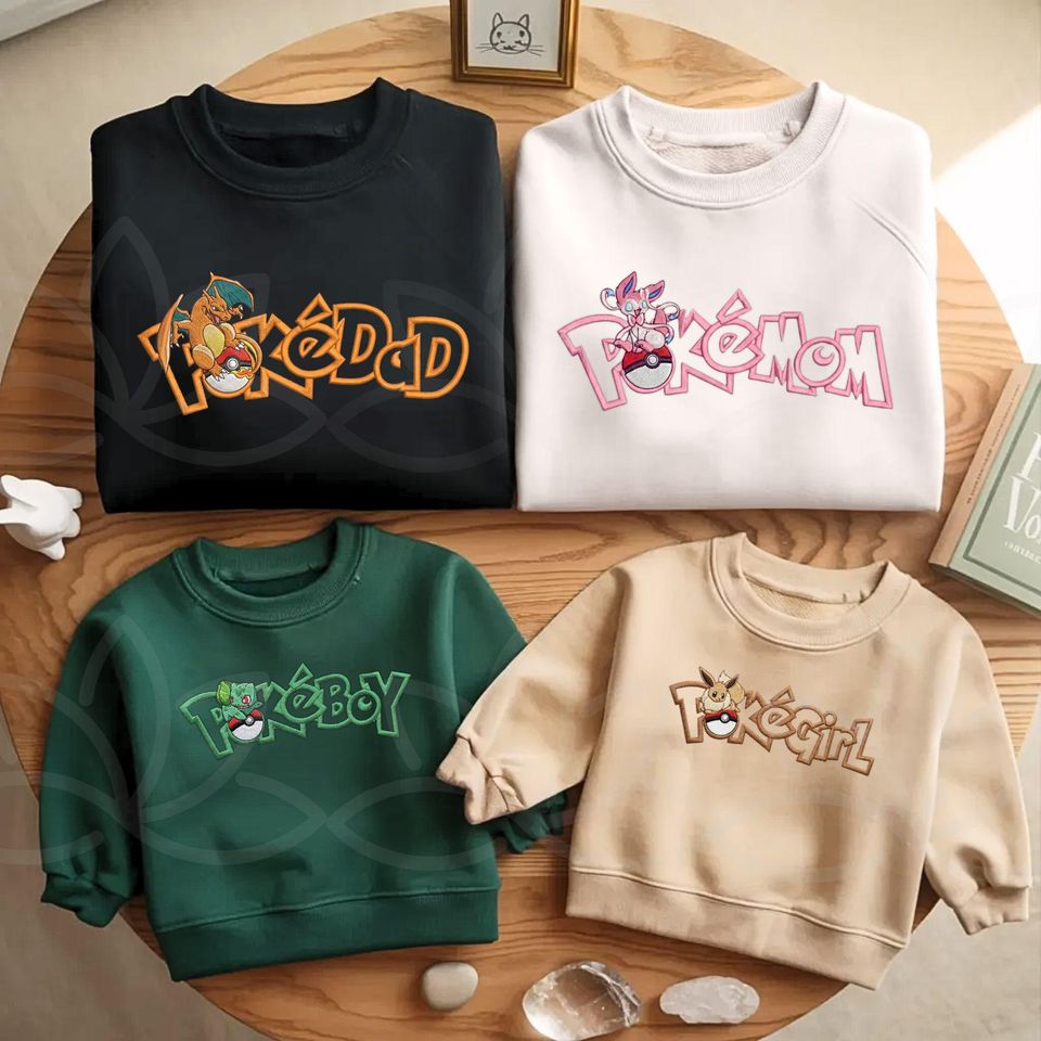 Personalized Poka Dad and Mom Embroidered Sweatshirt, PKM Family Characters, Family Matching Shirt, Anime Fan Gift