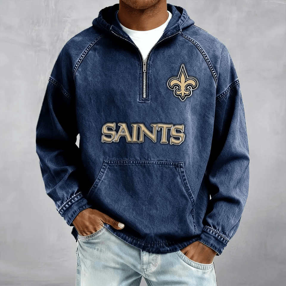 New Orleans Saints Men's Half-Zip Denim Hoodie