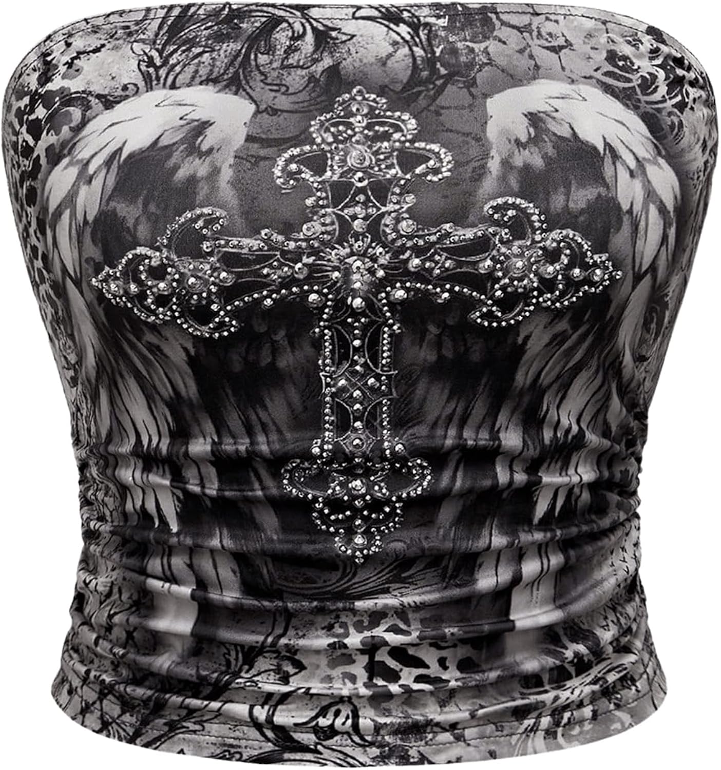 Women's Strapless Rhinestone Cross Print Goth Punk Y2k Ruched Crop Tube Top