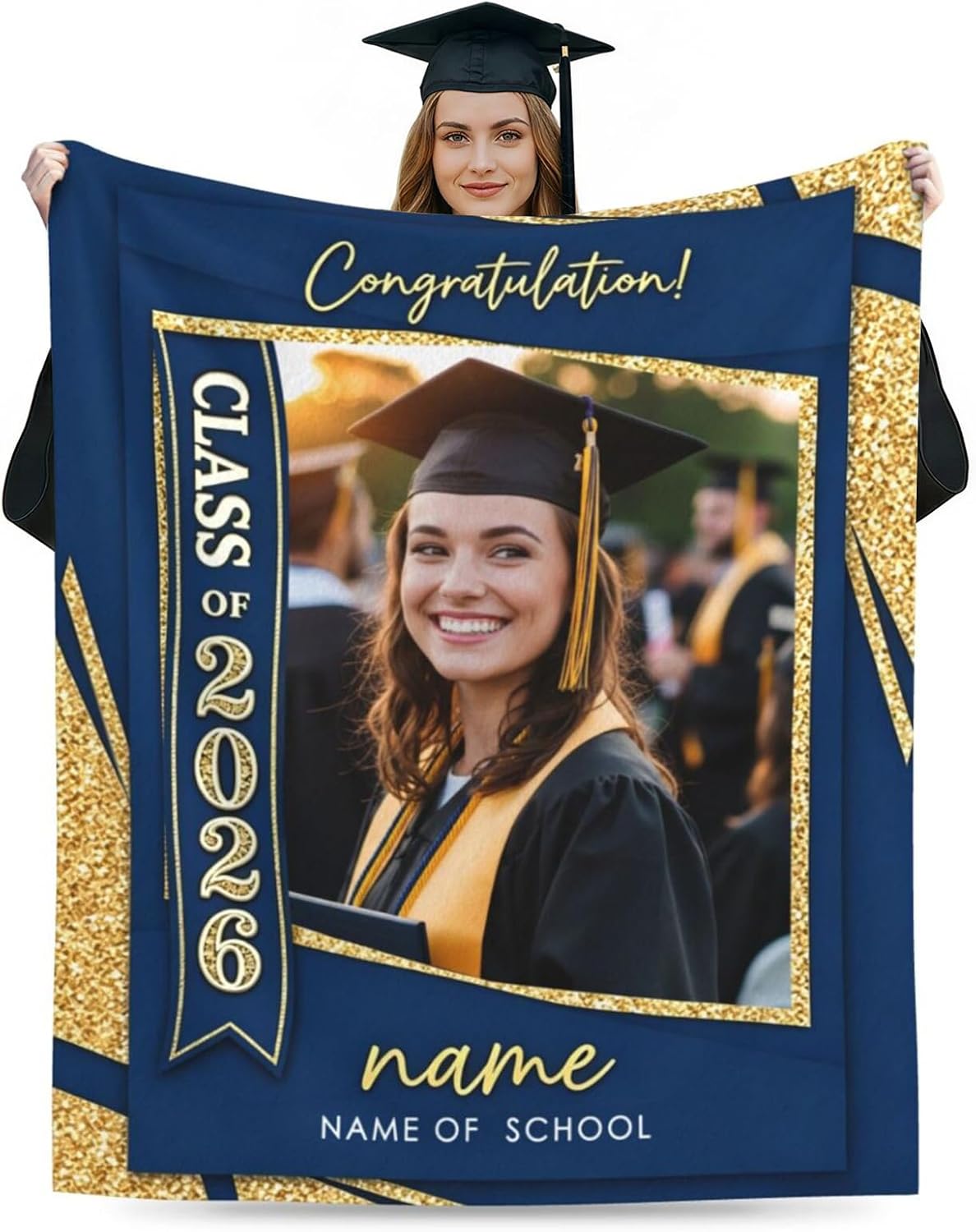 Personalized Graduation Gifts Blanket with Custom Name & Photo, Class of 2026 Graduation Blankets for High School College, Super Soft Flannel Throw for Bed Sofa