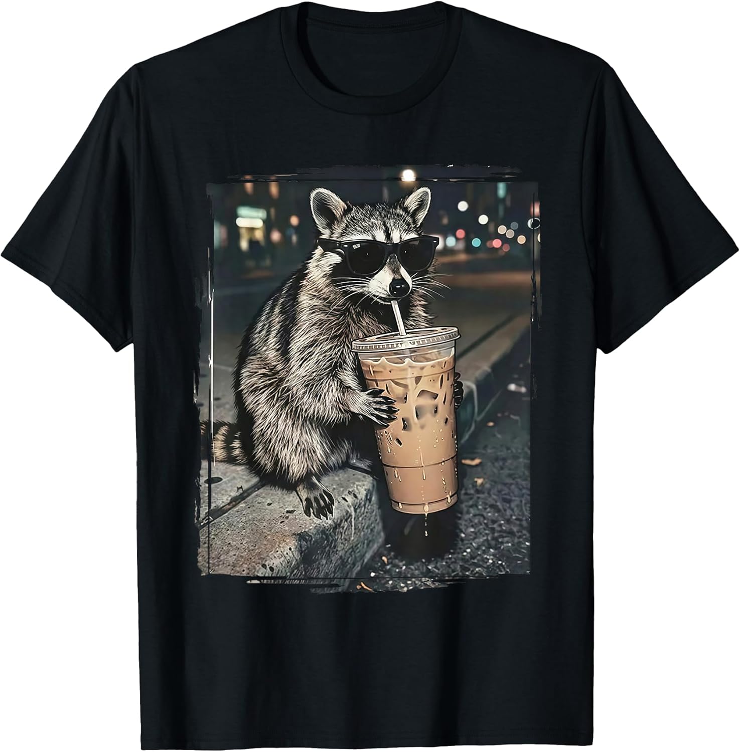 Raccoon Drinking Iced Coffee Funny Animal Meme Men Women T-Shirt