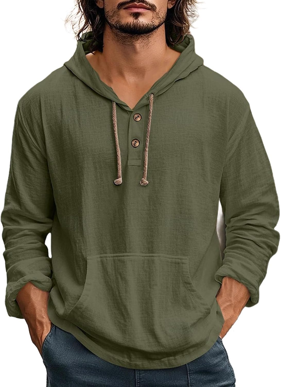 Long Sleeve Hooded Henley Shirts for Men Vintage Retro 3 Button Light Hoodie Fashion Casual Daily Tops with Pocket