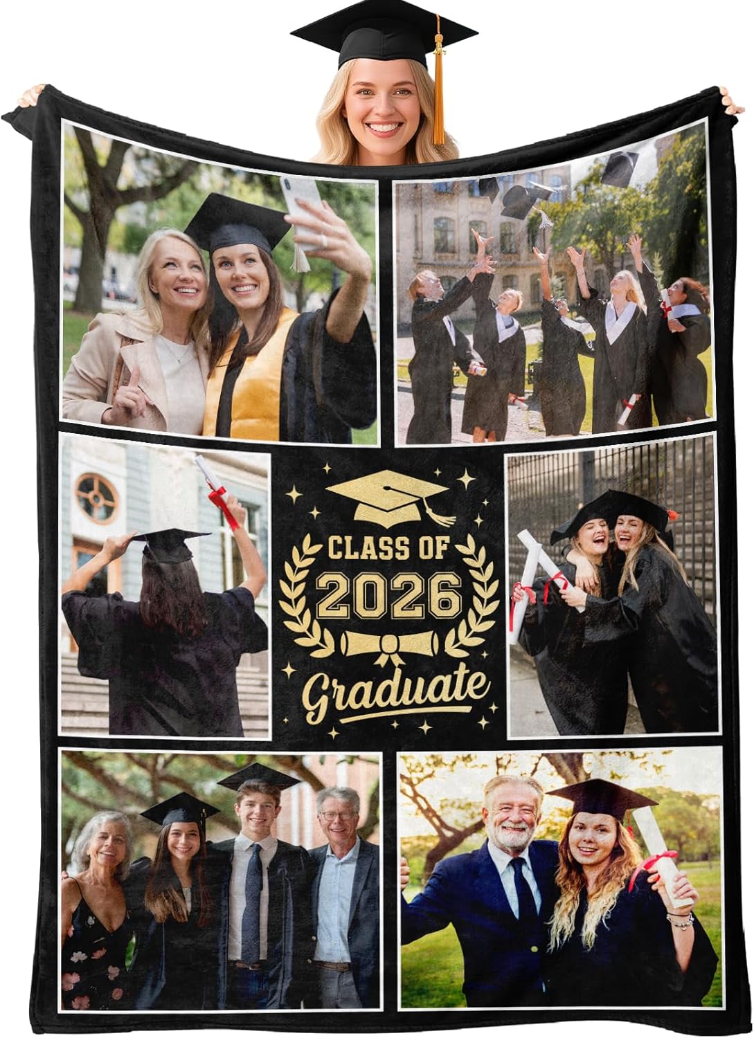 Personalized Graduation Blanket with Pictures, 2026 Graduation Gifts for Women & Men,Custom Class of 2026 Photo Gifts Soft Flannel Throw for College, High School, Master & PHD Graduations