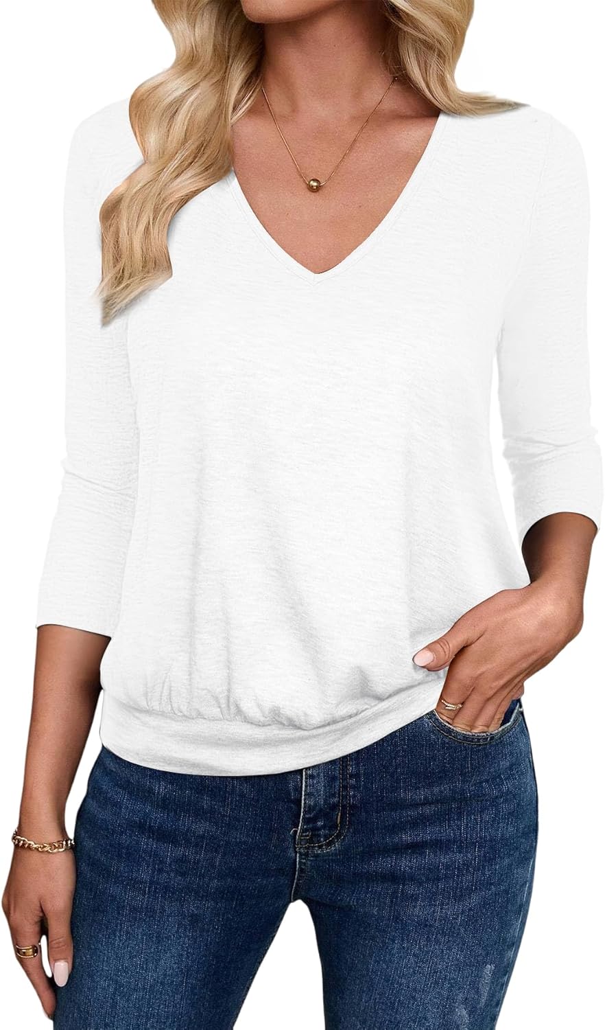 3/4 Length Sleeve Womens Tops V Neck Blouse Banded Bottom Shirts Fashion Tunic 2026 Fall Tees Spring Summer Clothes