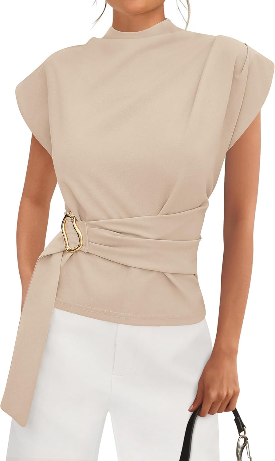 Women Blouses Spring Dressy Cap Sleeve Mock Neck Work Shirts Buckle Tunic Summer Business Casual Tops 2026