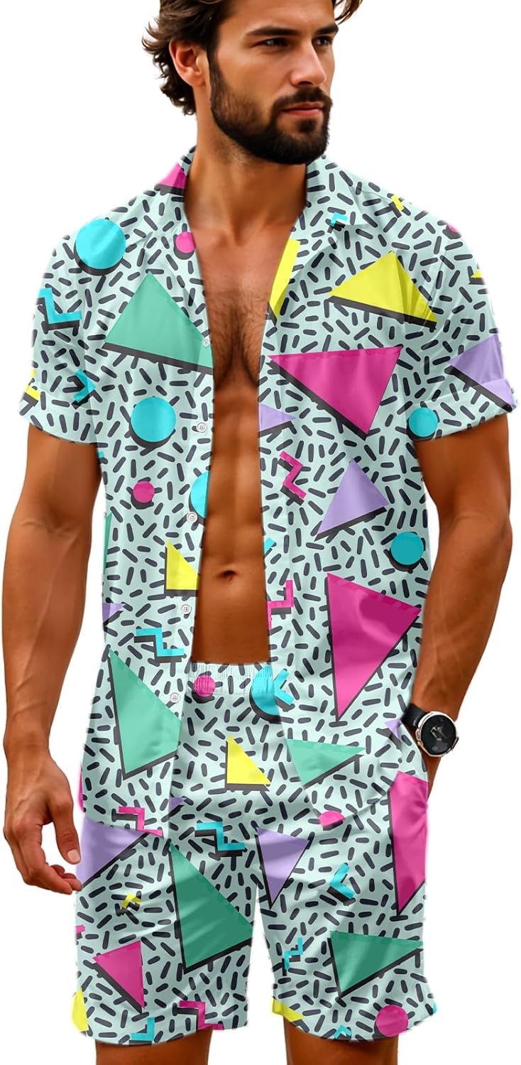 80s 90s Outfit for Men Hawaiian Shirt and Shorts Set Beach Party Outfits