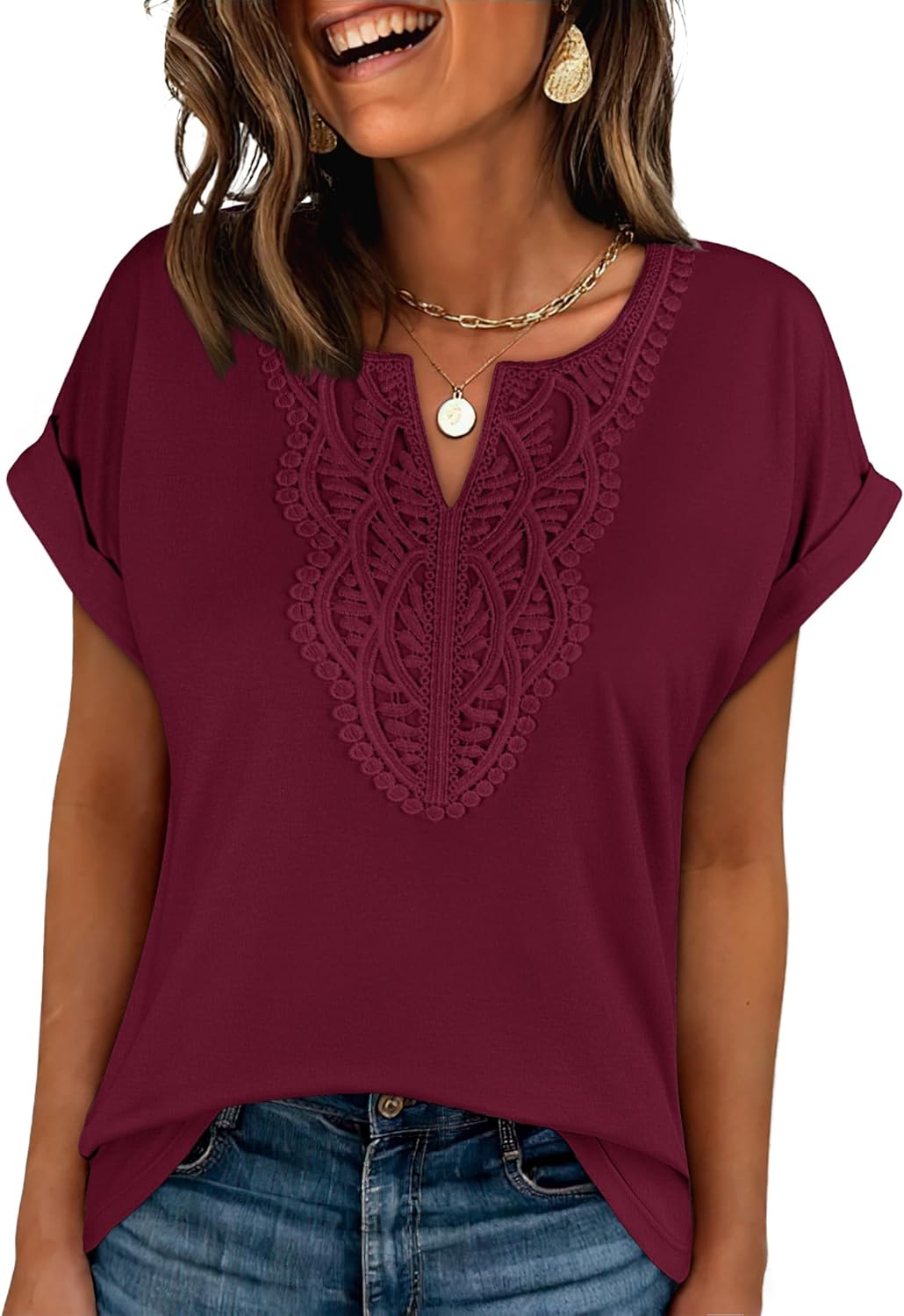 Womens Short Sleeve Tops Boho V Neck Lace Shirts Dressy Casual Blouses Summer Cute Tunic 2026 Trendy Fashion Clothes