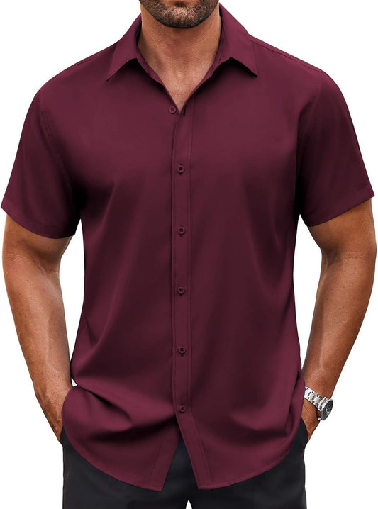 Men's Button Down Shirt Short Sleeve Dress Shirt Casual Beach Summer Wedding Shirt