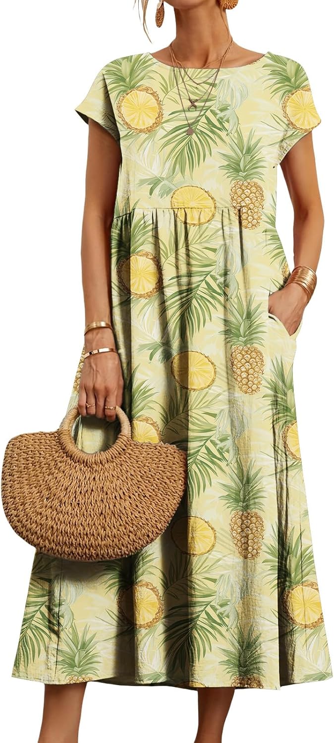 Tropical Leaf Maxi Dress for Women Summer Casual Short Sleeve Crewneck Boho Floral Sundress with Pockets Outdoor