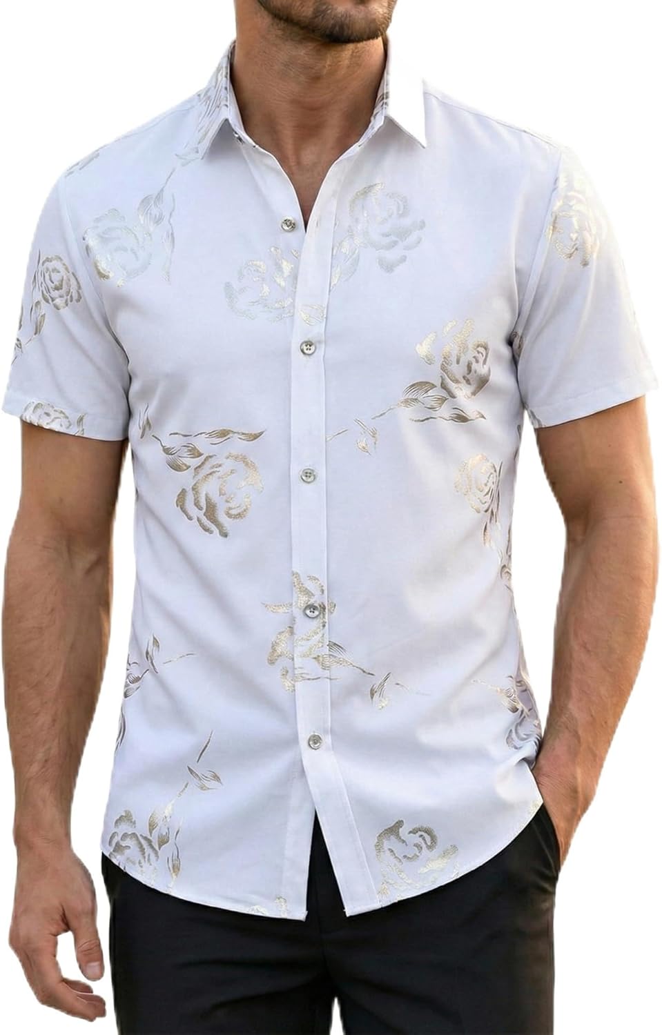 Mens Hipster Gold Rose Printed Slim Fit Short Sleeve Button Down Dress Shirts