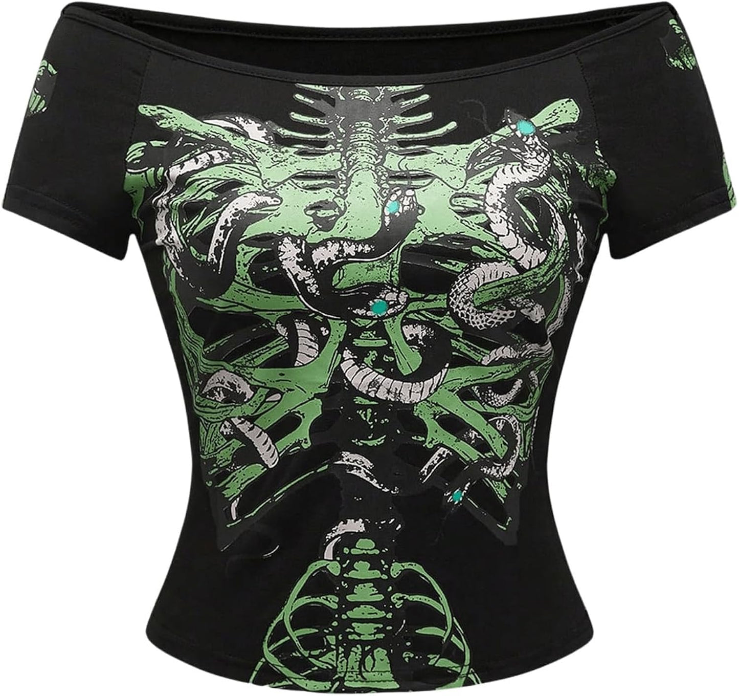 Women's Goth T Shirts Emo Off The Shoulder Y2K Grunge Graphic Tees Short Sleeve Tight Fitted Crop Tops