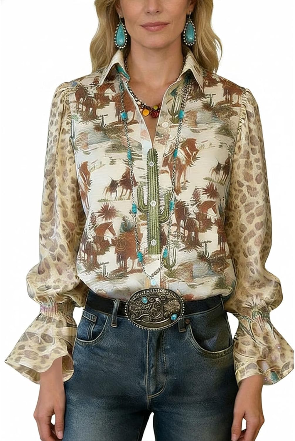 Women's Boho Paisley Blouse Western Floral Print Top Ruffled Cuff Long Sleeve Button-Down Shirt