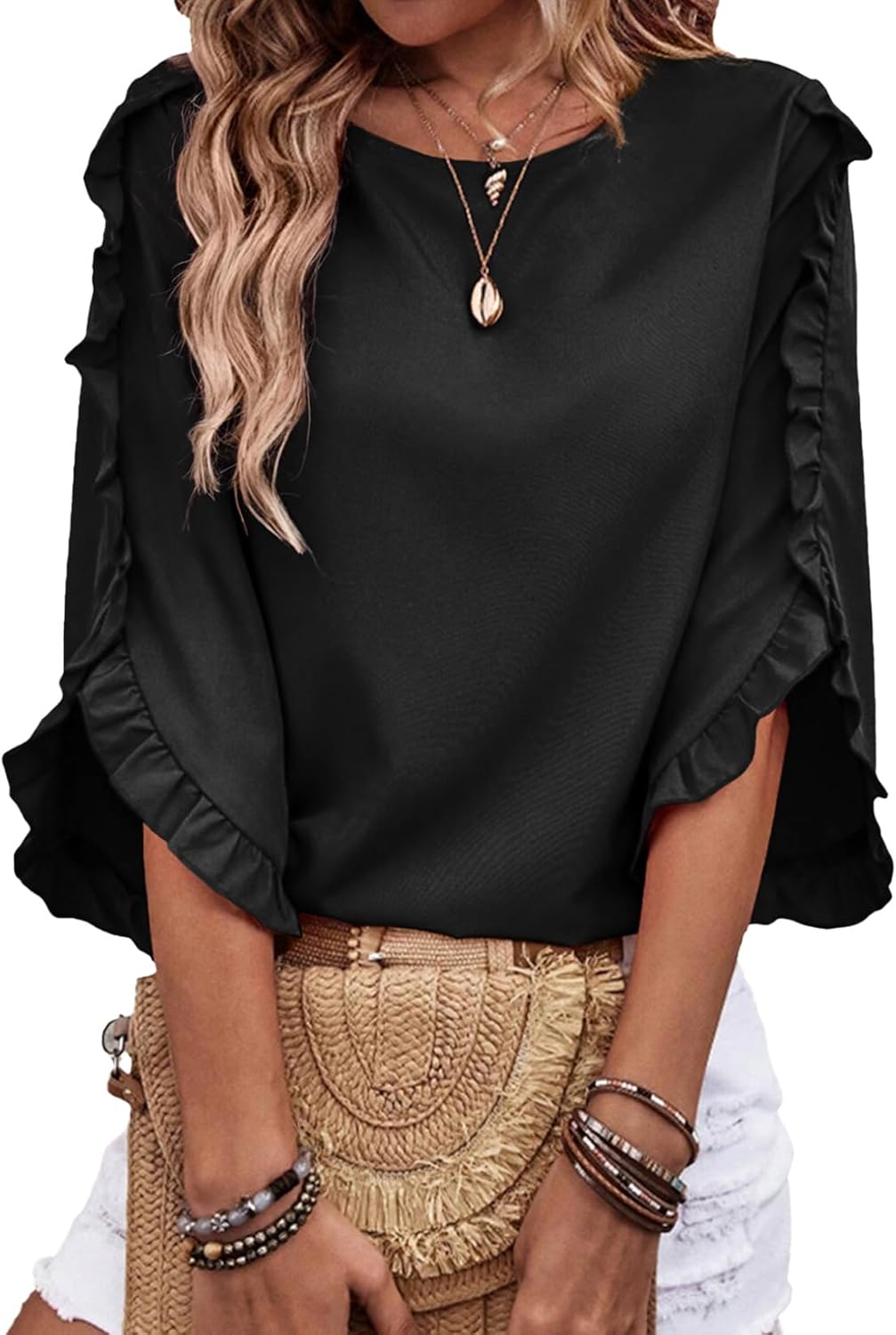 3/4 Length Sleeve Womens Tops Dressy Casual Blouses Crewneck Ruffle Sleeve Shirts Summer Outfits Business Work Tops