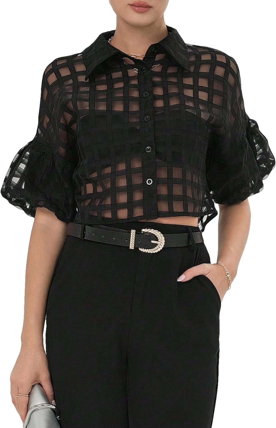 Women's Sheer Puff Sleeve Tops Blouse Dressy Casual Y2K Mesh Cropped Button Down Shirt Concert Going Out Top
