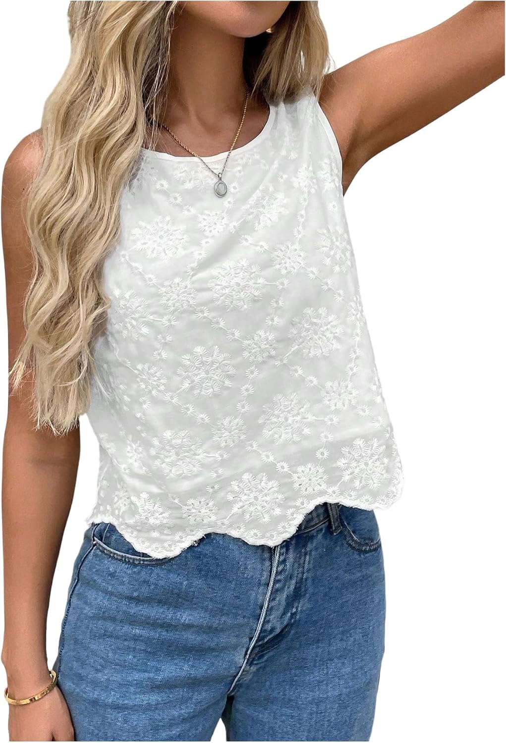 Women's Summer Sleeveless Embroidered Dressy Casual Blouse Scalloped Going Out Top