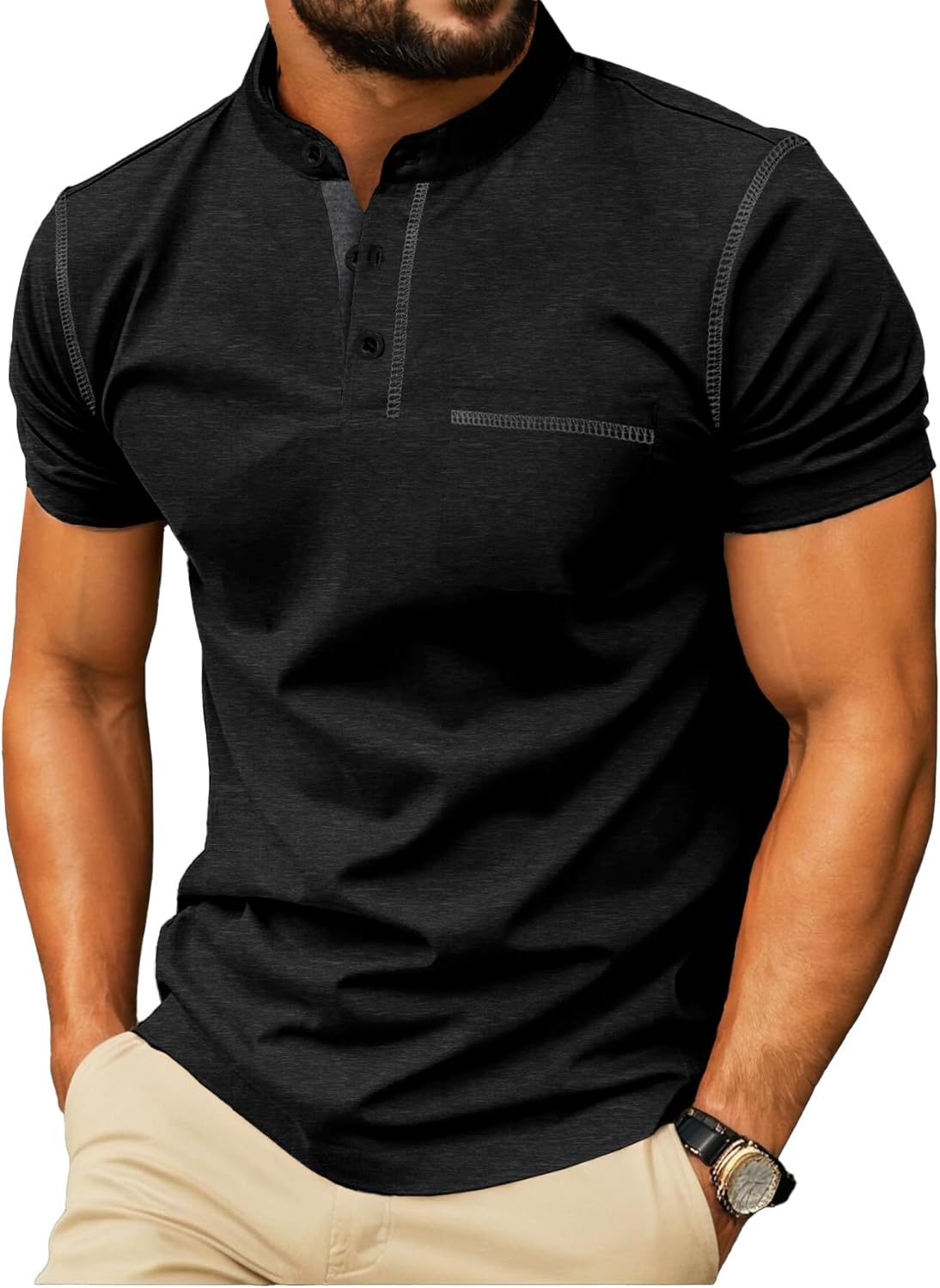 Mens Henley Shirts Short Sleeve Summer Casual Classic Cotton T Shirts Pocket Button Shirt