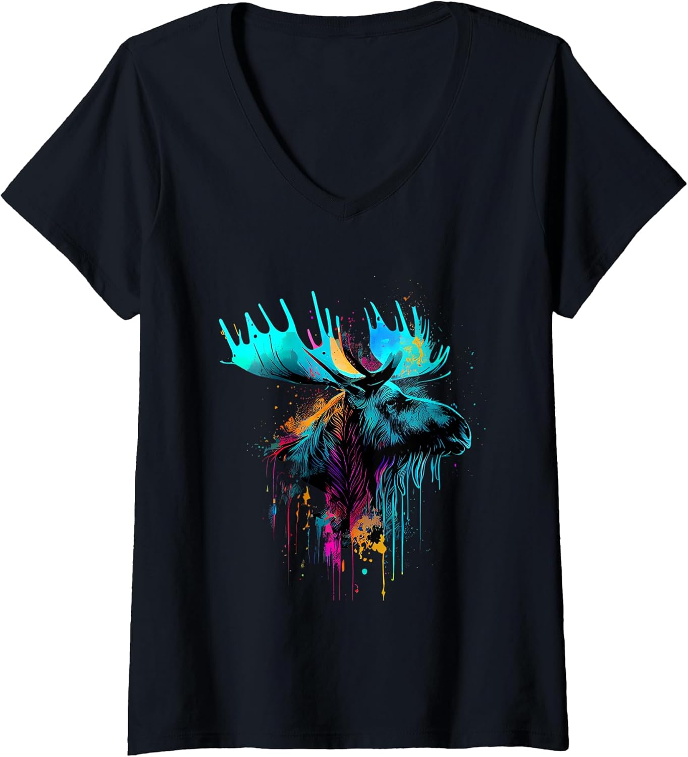 Womens Moose Lovers Colorful Pop Art Beautiful Moose V-Neck T-Shirt