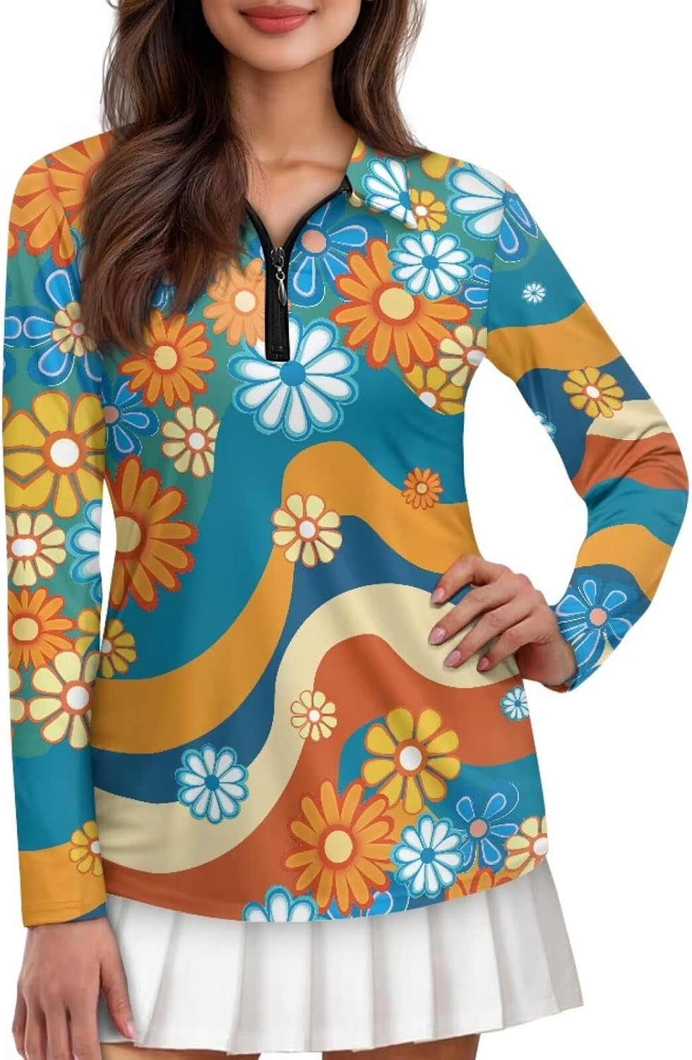 Women's Long Sleeve Golf Shirts Printed Long Sleeve Zip Up Shirt Athletic Casual Golf Tops