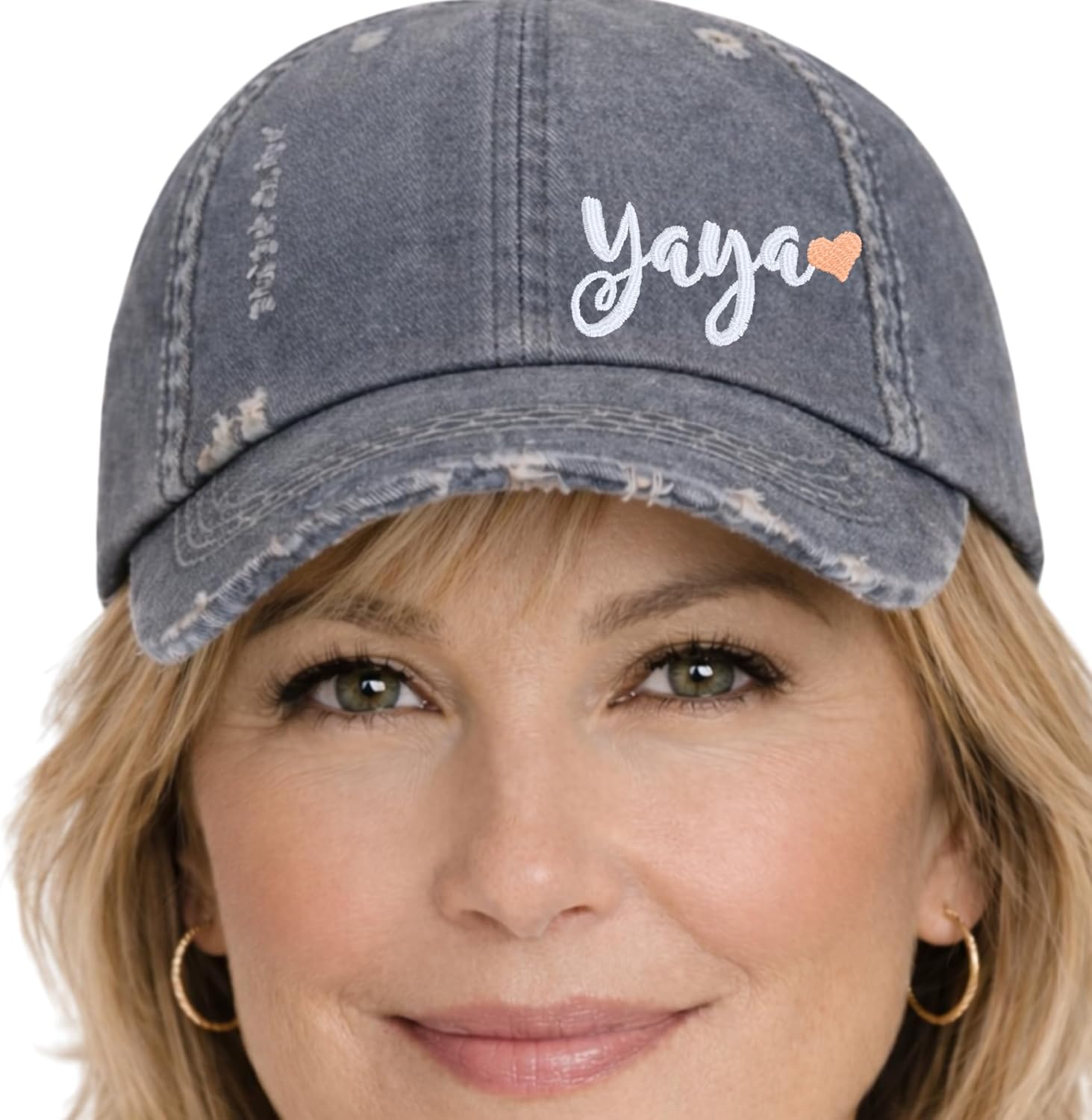 Women's Custom Name Personalized Text Hat, Yaya or Mimi Nana Gigi Grandma Lolli Meemaw Lala Etc, Baseball or High Ponytail Cap, Cute Sewn Embroidered Clothing Birthday Present