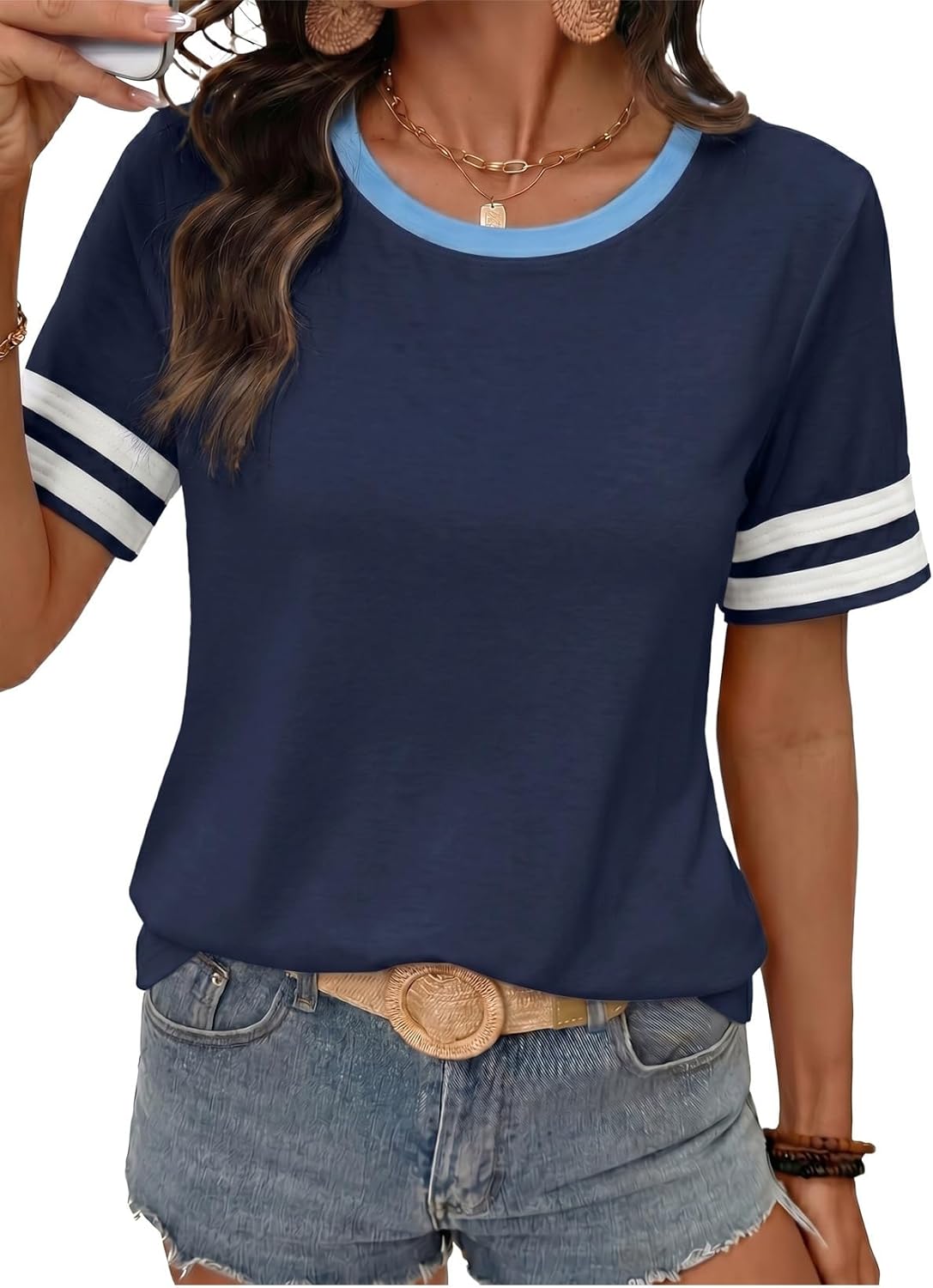 Women's Fashion Casual Crewneck Color Block T Shirts Short Sleeve Summer Tops Tees Slim Fit