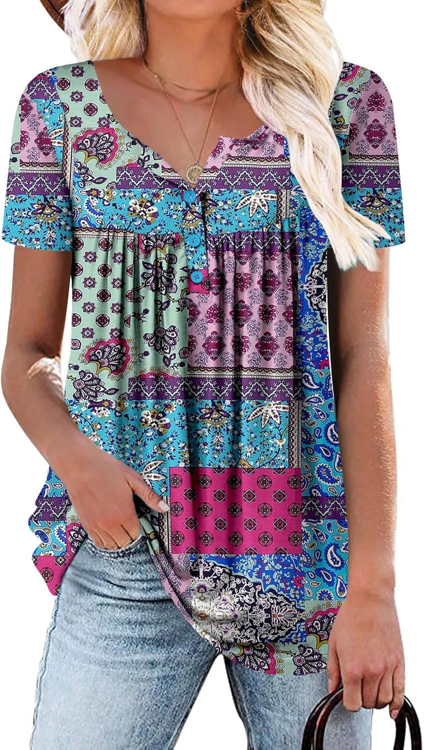Women's Short Sleeve Shirts Floral Summer Tops Loose Fit for Leggings