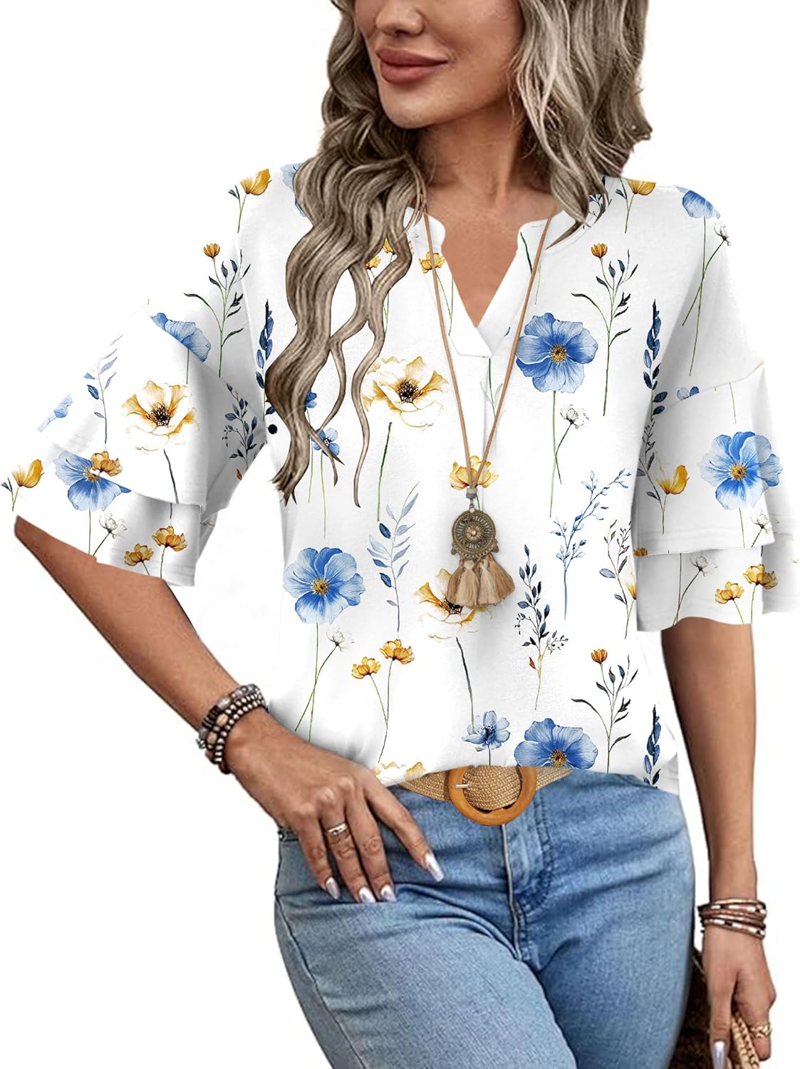 Womens Tops Ruffle Short Sleeve Blouses Fashion V Neck T Shirts Dressy Casual 3/4 Bell Sleeve Tee Spring Summer Clothes