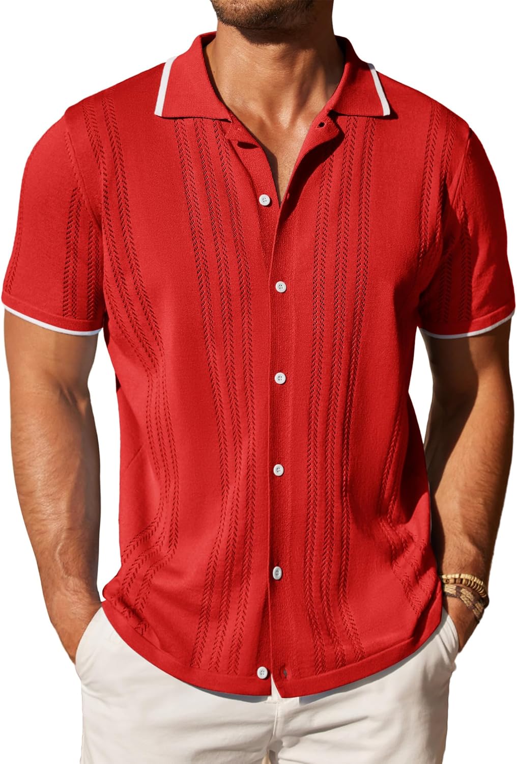 Men's Knit Button Down Shirt Vintage Short Sleeve Polo Shirts Casual Beach Tops
